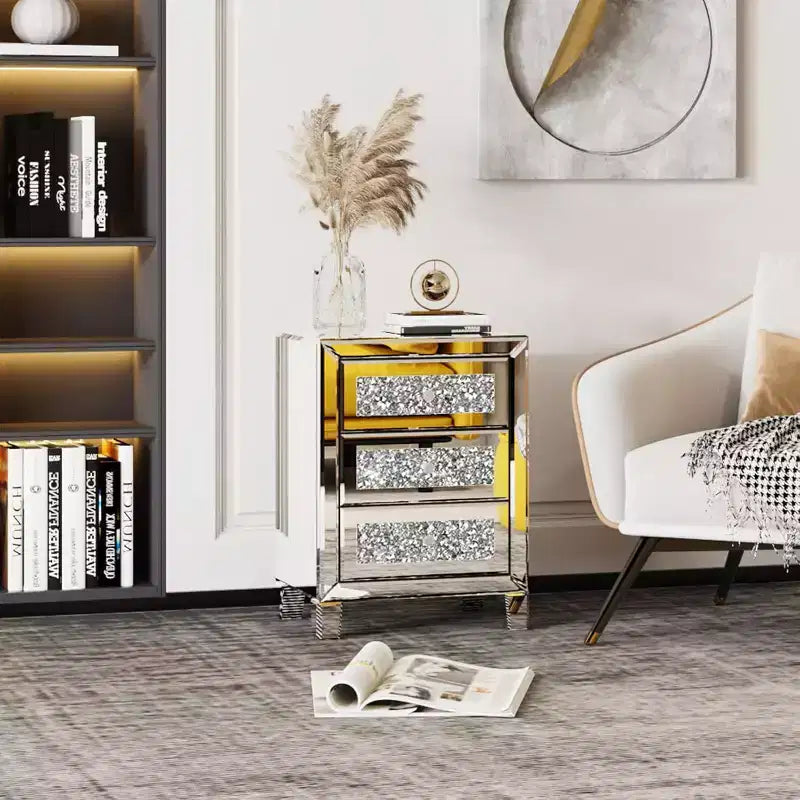 VINGLI Mirrored Nightstand with 3 Drawers Modern End Table Bed Side Table with Mirrored Finish