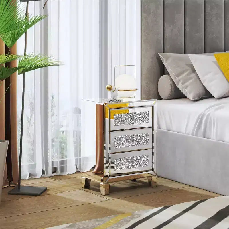 VINGLI Mirrored Nightstand with 3 Drawers Modern End Table Bed Side Table with Mirrored Finish