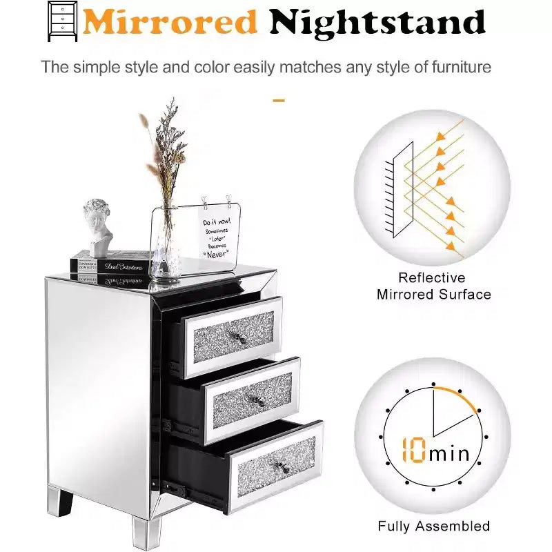 VINGLI Mirrored Nightstand with 3 Drawers Modern End Table Bed Side Table with Mirrored Finish