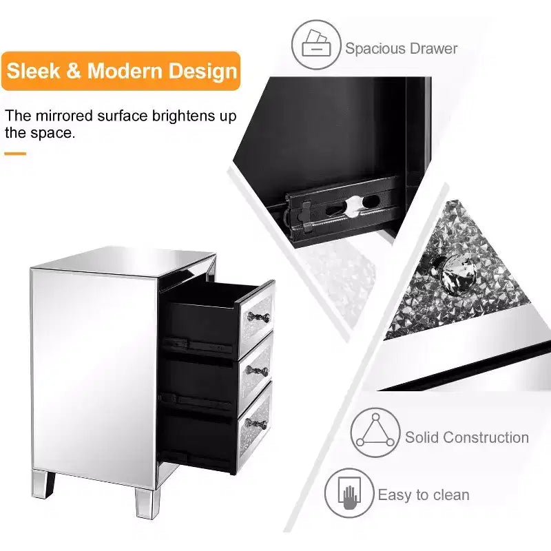 VINGLI Mirrored Nightstand with 3 Drawers Modern End Table Bed Side Table with Mirrored Finish
