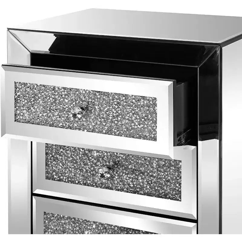 VINGLI Mirrored Nightstand with 3 Drawers Modern End Table Bed Side Table with Mirrored Finish