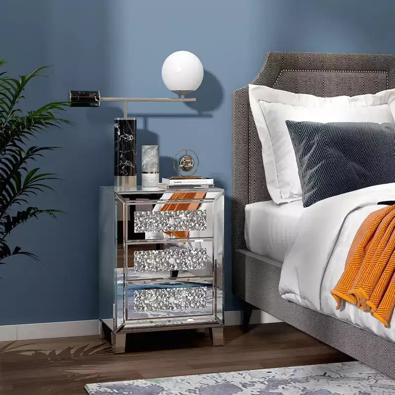 VINGLI Mirrored Nightstand with 3 Drawers Modern End Table Bed Side Table with Mirrored Finish