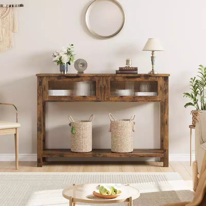 43.3'' Entryway Table, Wood Console Table with 2 Glass Drawers and Open Shelf,Behind Couch Entry Foyer Hallway Storage,for Living Room, Hallway