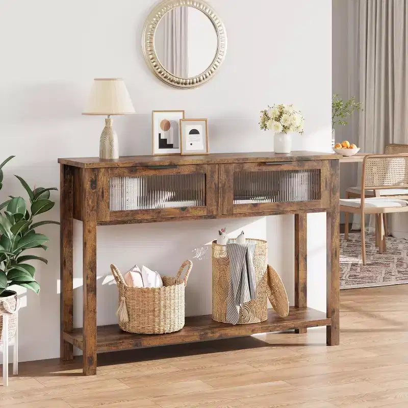 43.3'' Entryway Table, Wood Console Table with 2 Glass Drawers and Open Shelf,Behind Couch Entry Foyer Hallway Storage,for Living Room, Hallway