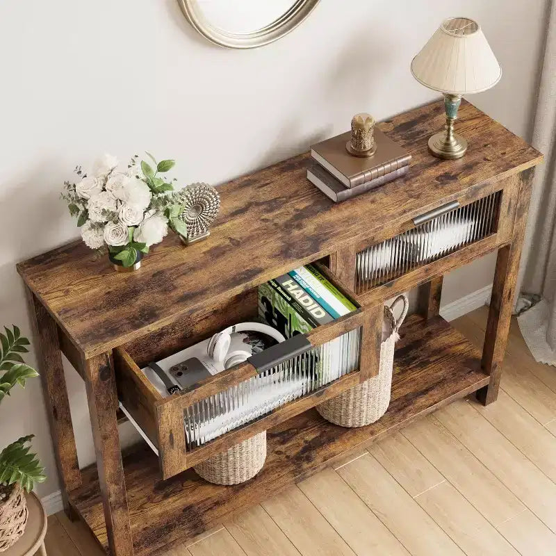 43.3'' Entryway Table, Wood Console Table with 2 Glass Drawers and Open Shelf,Behind Couch Entry Foyer Hallway Storage,for Living Room, Hallway