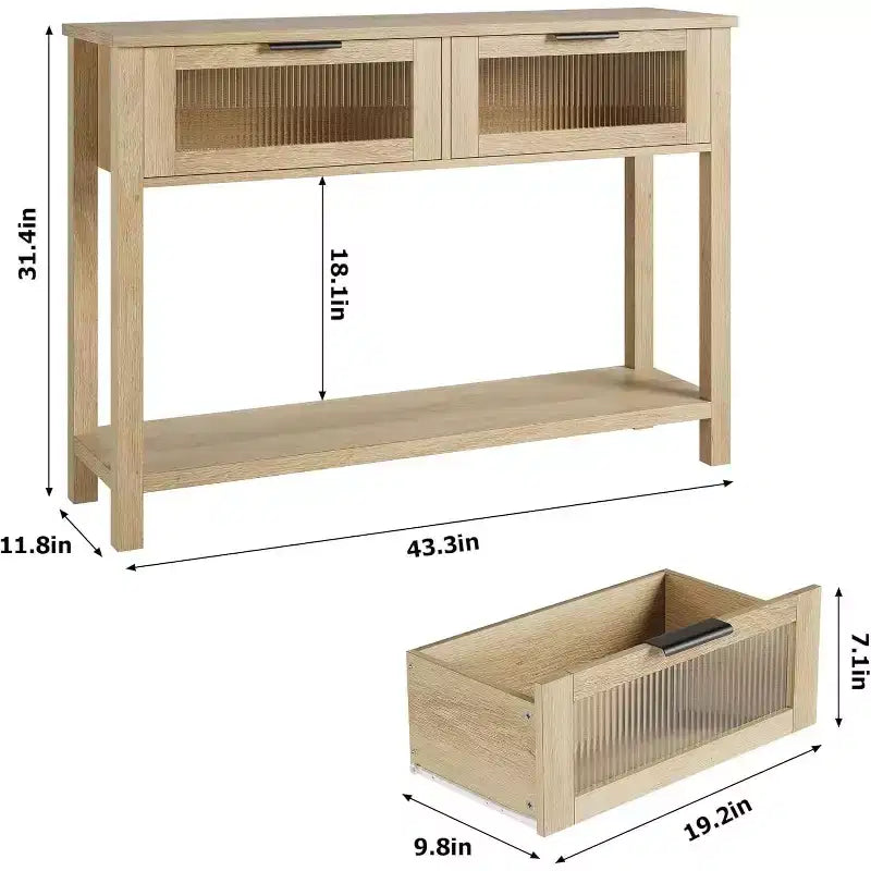 43.3'' Entryway Table, Wood Console Table with 2 Glass Drawers and Open Shelf,Behind Couch Entry Foyer Hallway Storage,for Living Room, Hallway