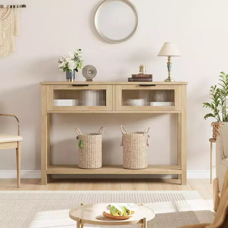 43.3'' Entryway Table, Wood Console Table with 2 Glass Drawers and Open Shelf,Behind Couch Entry Foyer Hallway Storage,for Living Room, Hallway