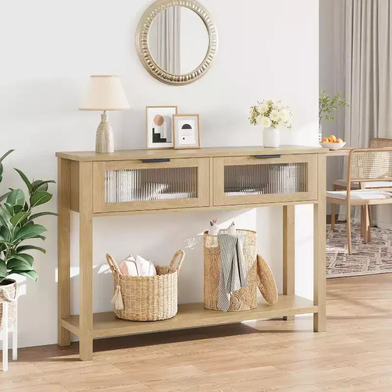 43.3'' Entryway Table, Wood Console Table with 2 Glass Drawers and Open Shelf,Behind Couch Entry Foyer Hallway Storage,for Living Room, Hallway