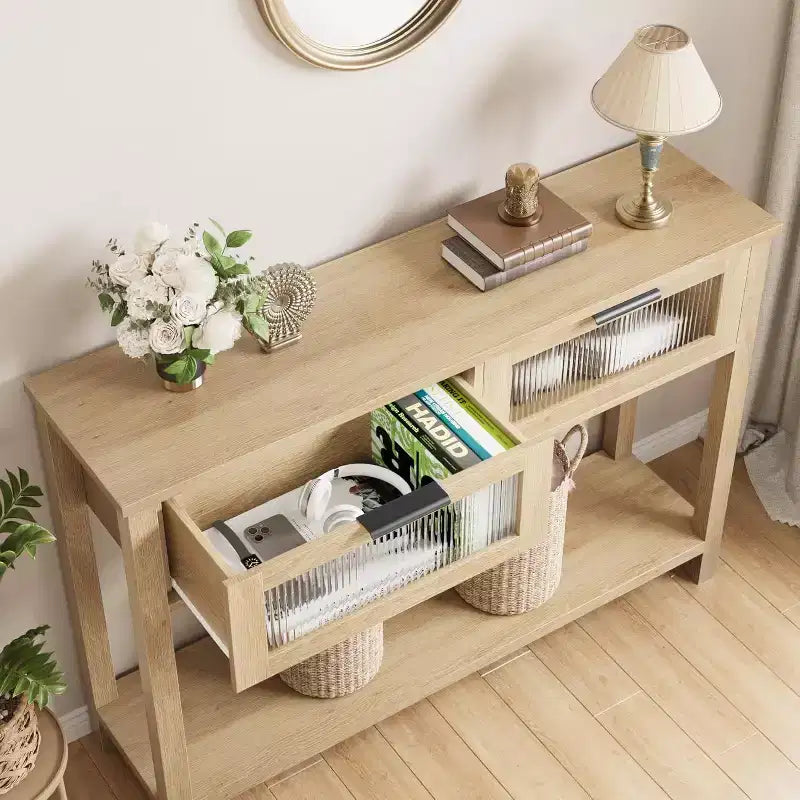 43.3'' Entryway Table, Wood Console Table with 2 Glass Drawers and Open Shelf,Behind Couch Entry Foyer Hallway Storage,for Living Room, Hallway