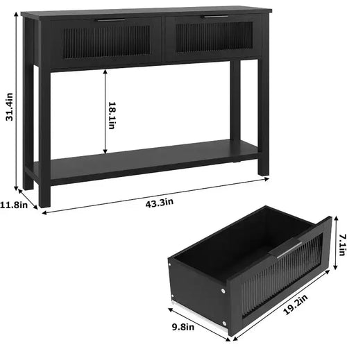 43.3" Entryway Table, Wood Console Table with 2 Glass Drawers and Open Shelf, for Behind Couch, Entryway, Foyer, Hallway Storage, Living Room