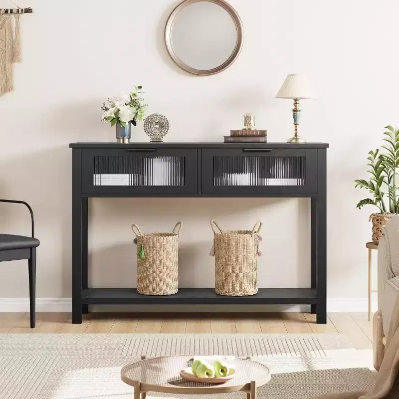 43.3'' Entryway Table, Wood Console Table with 2 Glass Drawers and Open Shelf,Behind Couch Entry Foyer Hallway Storage,for Living Room, Hallway