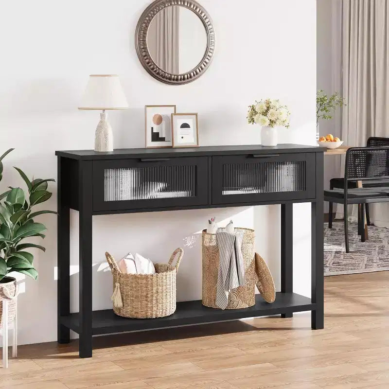 43.3'' Entryway Table, Wood Console Table with 2 Glass Drawers and Open Shelf,Behind Couch Entry Foyer Hallway Storage,for Living Room, Hallway