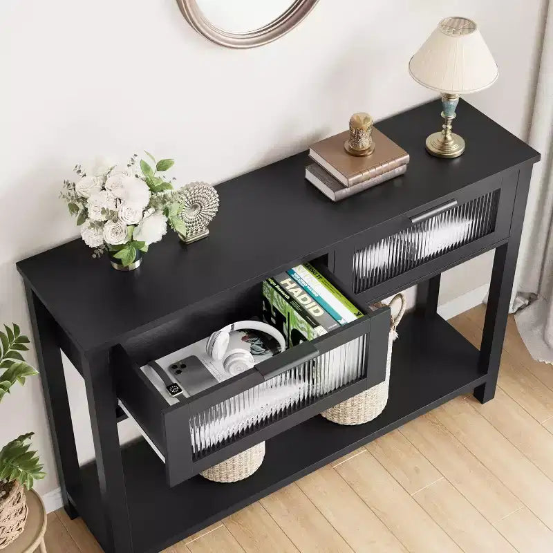43.3'' Entryway Table, Wood Console Table with 2 Glass Drawers and Open Shelf,Behind Couch Entry Foyer Hallway Storage,for Living Room, Hallway
