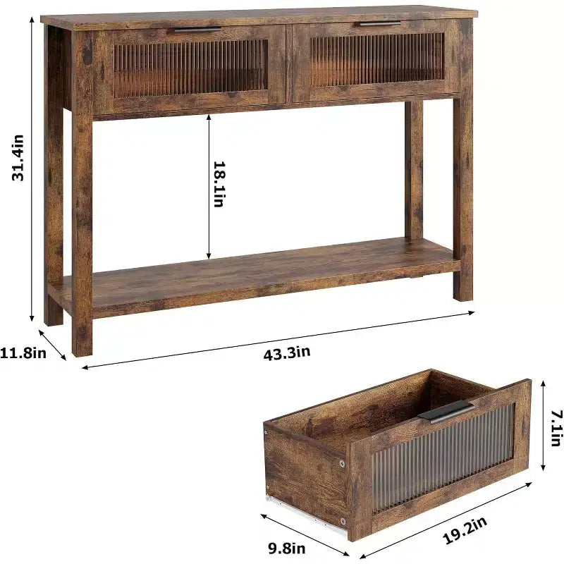 43.3'' Entryway Table, Wood Console Table with 2 Glass Drawers and Open Shelf,Behind Couch Entry Foyer Hallway Storage,for Living Room, Hallway