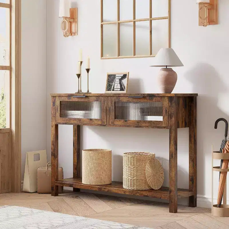 43.3'' Entryway Table, Wood Console Table with 2 Glass Drawers and Open Shelf,Behind Couch Entry Foyer Hallway Storage,for Living Room, Hallway