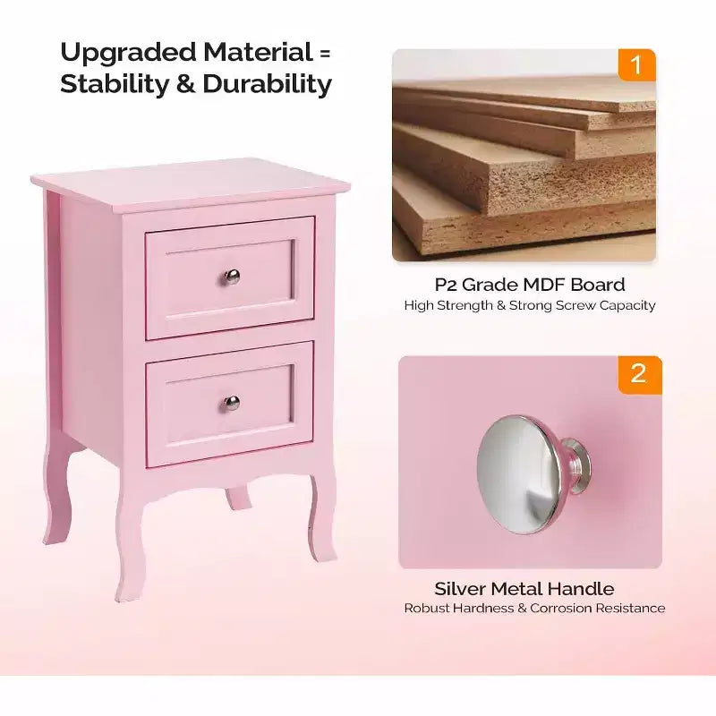 Bonnlo Nightstand Set of 2, Nightstands with 2 Drawers, Bed Side Table/Night Stand, Pink Nightstand