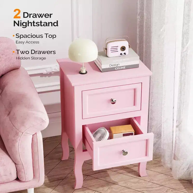 Bonnlo Nightstand Set of 2, Nightstands with 2 Drawers, Bed Side Table/Night Stand, Pink Nightstand