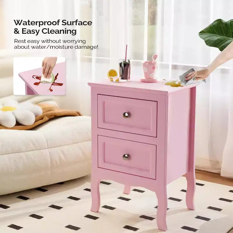 Bonnlo Nightstand Set of 2, Nightstands with 2 Drawers, Bed Side Table/Night Stand, Pink Nightstand