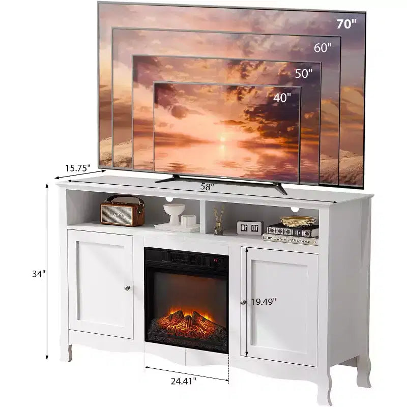 VINGLI Fireplace TV Stand for up to 70 inch TVs, French Modern Entertainment Center with Electric Fireplace Heater & Curved Legs