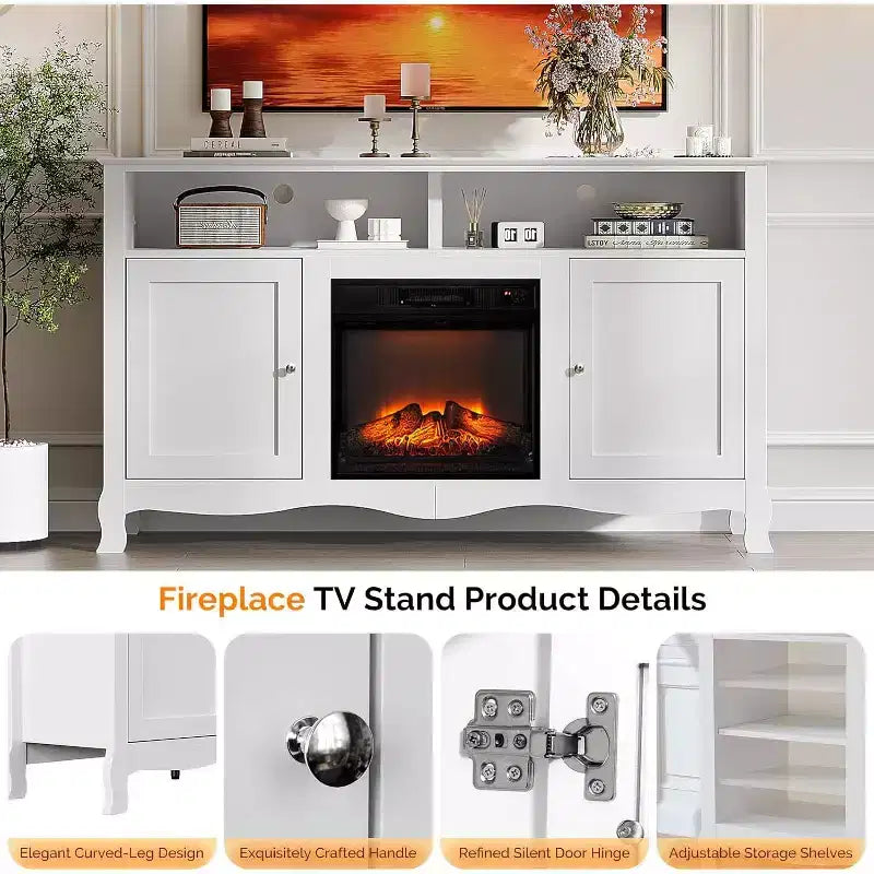 VINGLI Fireplace TV Stand for up to 70 inch TVs, French Modern Entertainment Center with Electric Fireplace Heater & Curved Legs