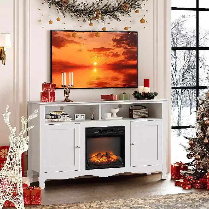 VINGLI Fireplace TV Stand for up to 70 inch TVs, French Modern Entertainment Center with Electric Fireplace Heater & Curved Legs