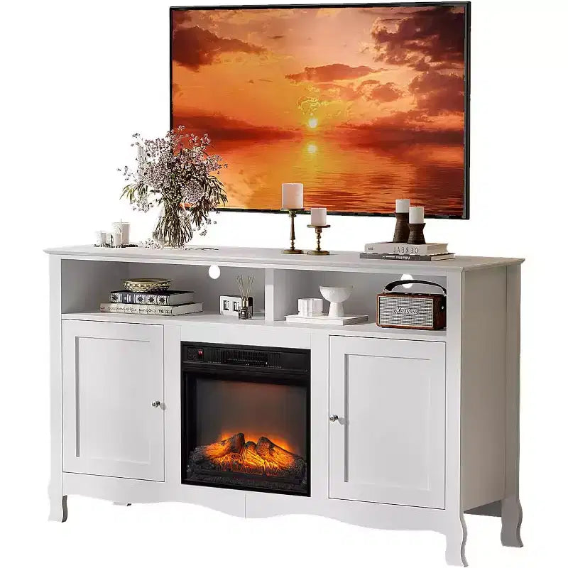 VINGLI Fireplace TV Stand for up to 70 inch TVs, French Modern Entertainment Center with Electric Fireplace Heater & Curved Legs