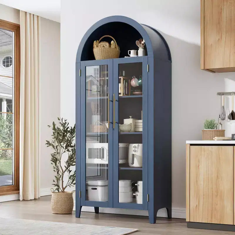 63.2 Arched Kitchen Pantry Cabinet, 5 Tier Display Shelf with Adjustable Shelf and 2 Large Glass Doors, for Kitchen, Dining Room, Living Room