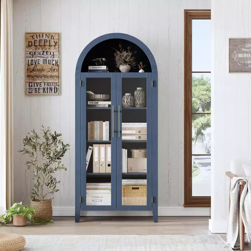 63.2 Arched Kitchen Pantry Cabinet, 5 Tier Display Shelf with Adjustable Shelf and 2 Large Glass Doors, for Kitchen, Dining Room, Living Room