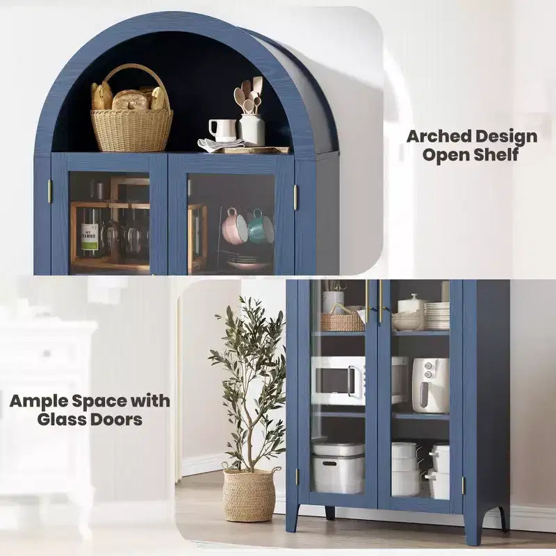 63.2 Arched Kitchen Pantry Cabinet, 5 Tier Display Shelf with Adjustable Shelf and 2 Large Glass Doors, for Kitchen, Dining Room, Living Room