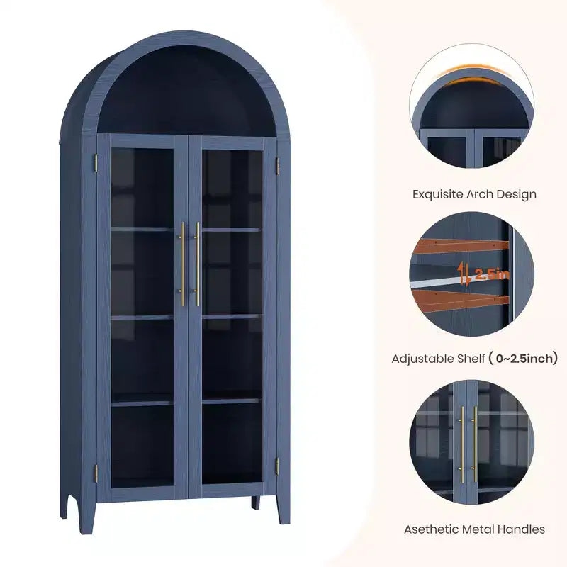 63.2 Arched Kitchen Pantry Cabinet, 5 Tier Display Shelf with Adjustable Shelf and 2 Large Glass Doors, for Kitchen, Dining Room, Living Room