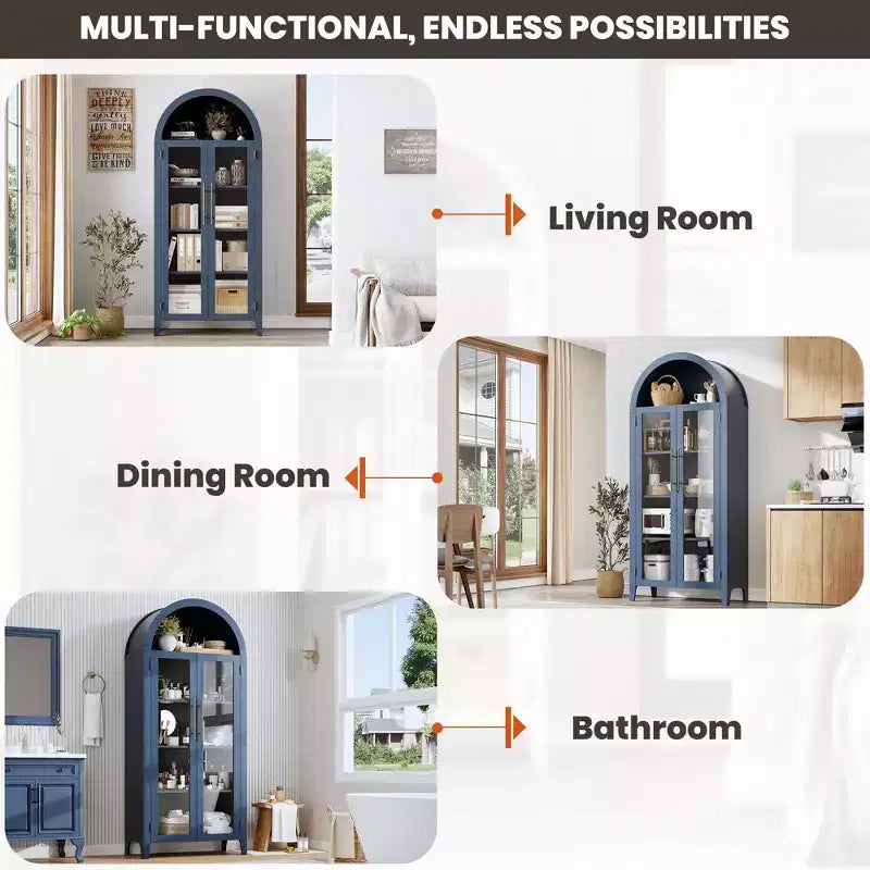 63.2 Arched Kitchen Pantry Cabinet, 5 Tier Display Shelf with Adjustable Shelf and 2 Large Glass Doors, for Kitchen, Dining Room, Living Room