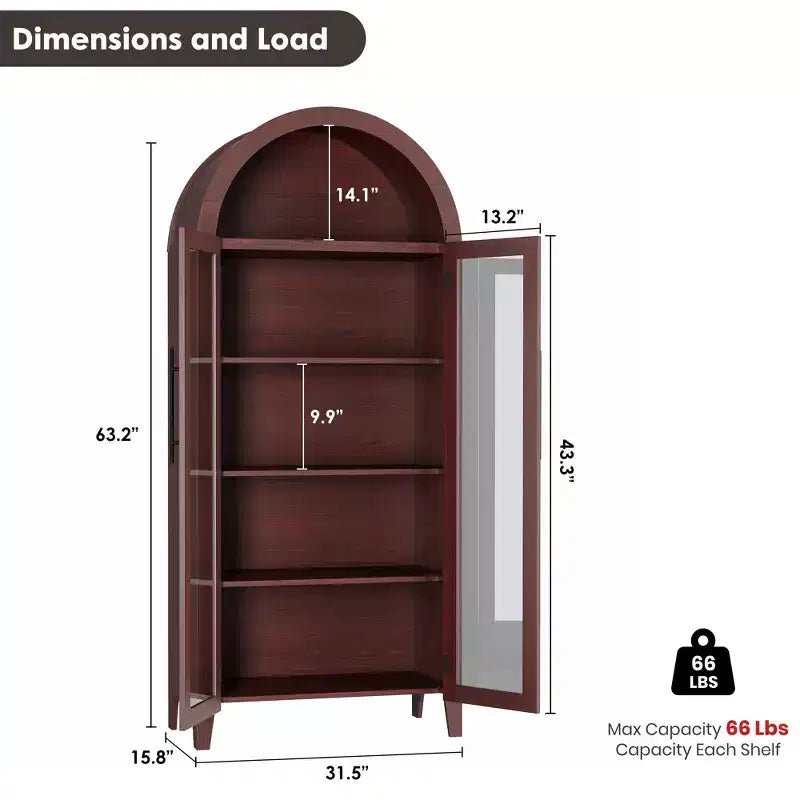 63.2 Arched Kitchen Pantry Cabinet, 5 Tier Display Shelf with Adjustable Shelf and 2 Large Glass Doors, for Kitchen, Dining Room, Living Room