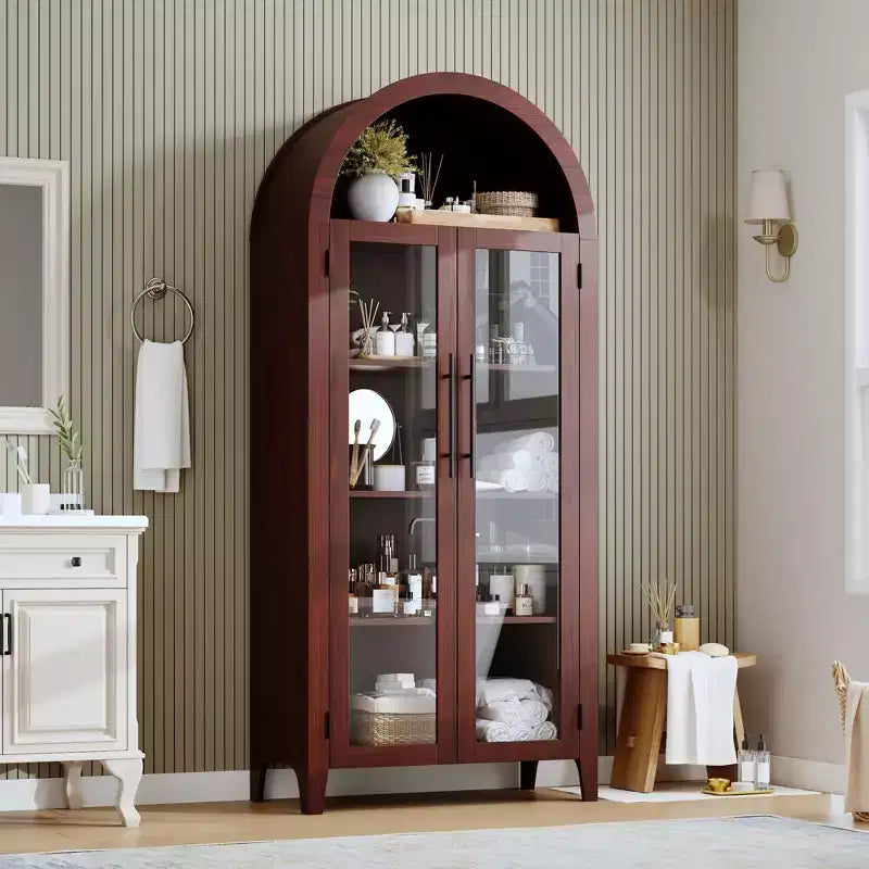 63.2 Arched Kitchen Pantry Cabinet, 5 Tier Display Shelf with Adjustable Shelf and 2 Large Glass Doors, for Kitchen, Dining Room, Living Room