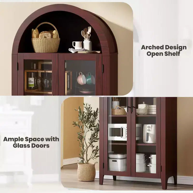 63.2 Arched Kitchen Pantry Cabinet, 5 Tier Display Shelf with Adjustable Shelf and 2 Large Glass Doors, for Kitchen, Dining Room, Living Room