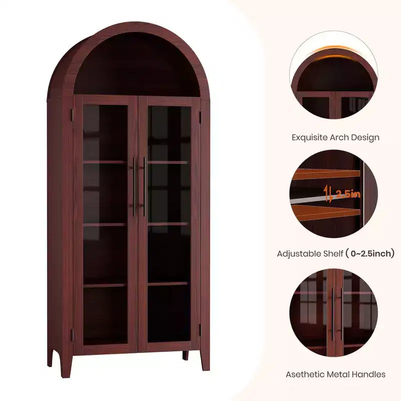 63.2 Arched Kitchen Pantry Cabinet, 5 Tier Display Shelf with Adjustable Shelf and 2 Large Glass Doors, for Kitchen, Dining Room, Living Room