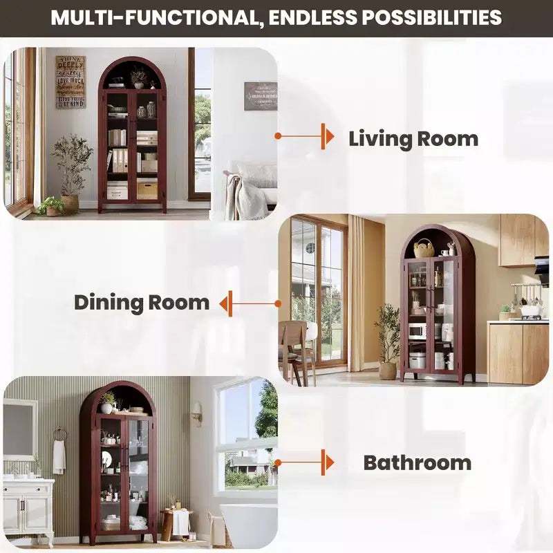 63.2 Arched Kitchen Pantry Cabinet, 5 Tier Display Shelf with Adjustable Shelf and 2 Large Glass Doors, for Kitchen, Dining Room, Living Room