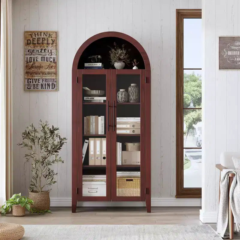 63.2 Arched Kitchen Pantry Cabinet, 5 Tier Display Shelf with Adjustable Shelf and 2 Large Glass Doors, for Kitchen, Dining Room, Living Room
