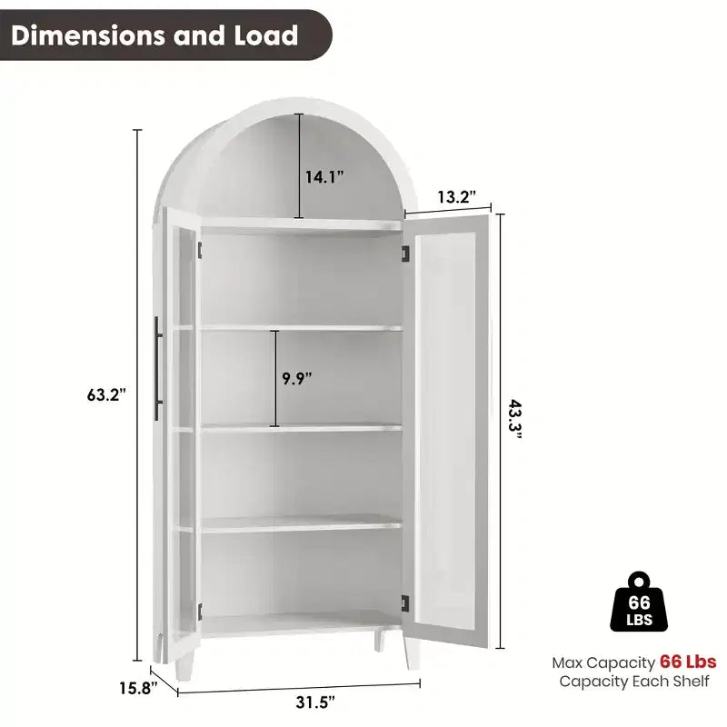 63.2 Arched Kitchen Pantry Cabinet, 5 Tier Display Shelf with Adjustable Shelf and 2 Large Glass Doors, for Kitchen, Dining Room, Living Room