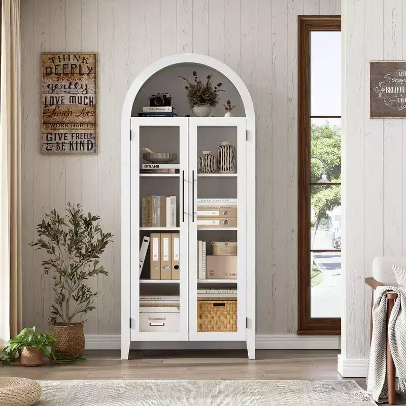 63.2 Arched Kitchen Pantry Cabinet, 5 Tier Display Shelf with Adjustable Shelf and 2 Large Glass Doors, for Kitchen, Dining Room, Living Room