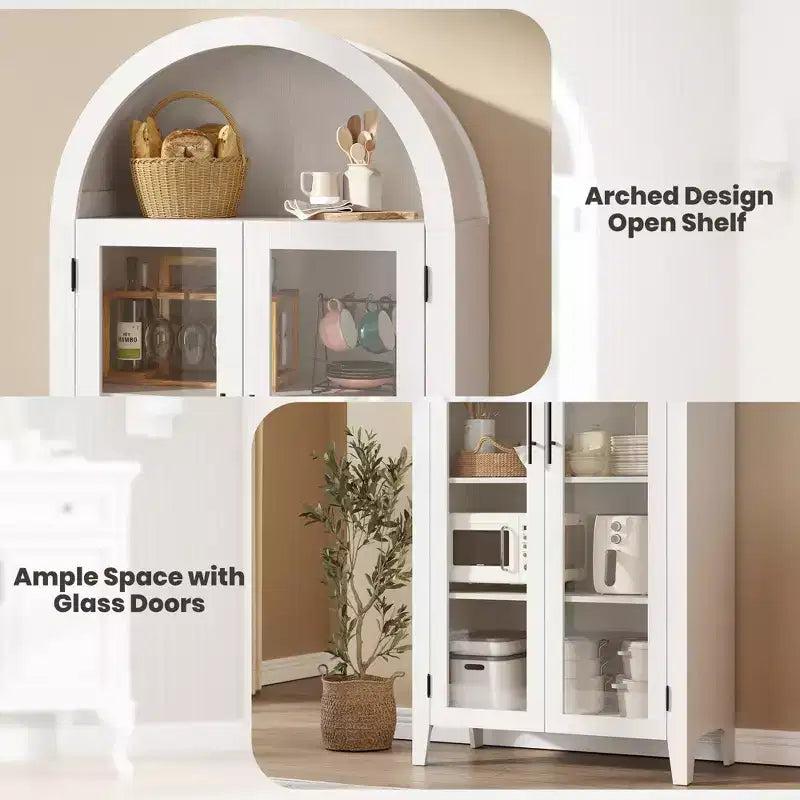 63.2 Arched Kitchen Pantry Cabinet, 5 Tier Display Shelf with Adjustable Shelf and 2 Large Glass Doors, for Kitchen, Dining Room, Living Room