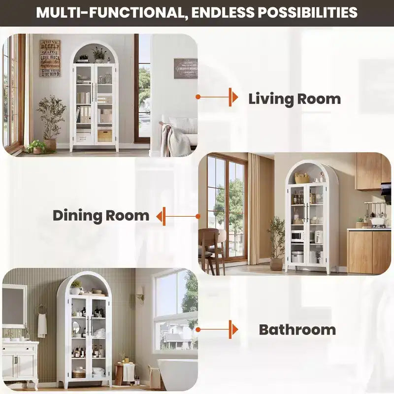 63.2 Arched Kitchen Pantry Cabinet, 5 Tier Display Shelf with Adjustable Shelf and 2 Large Glass Doors, for Kitchen, Dining Room, Living Room