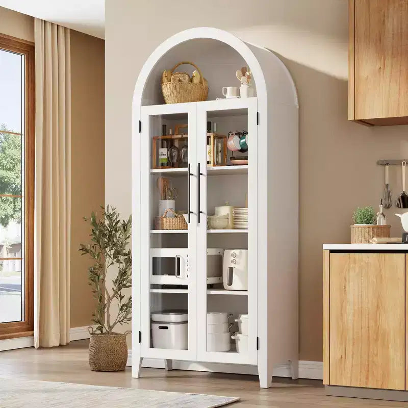 63.2 Arched Kitchen Pantry Cabinet, 5 Tier Display Shelf with Adjustable Shelf and 2 Large Glass Doors, for Kitchen, Dining Room, Living Room