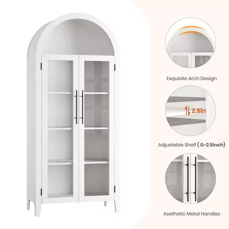 63.2 Arched Kitchen Pantry Cabinet, 5 Tier Display Shelf with Adjustable Shelf and 2 Large Glass Doors, for Kitchen, Dining Room, Living Room