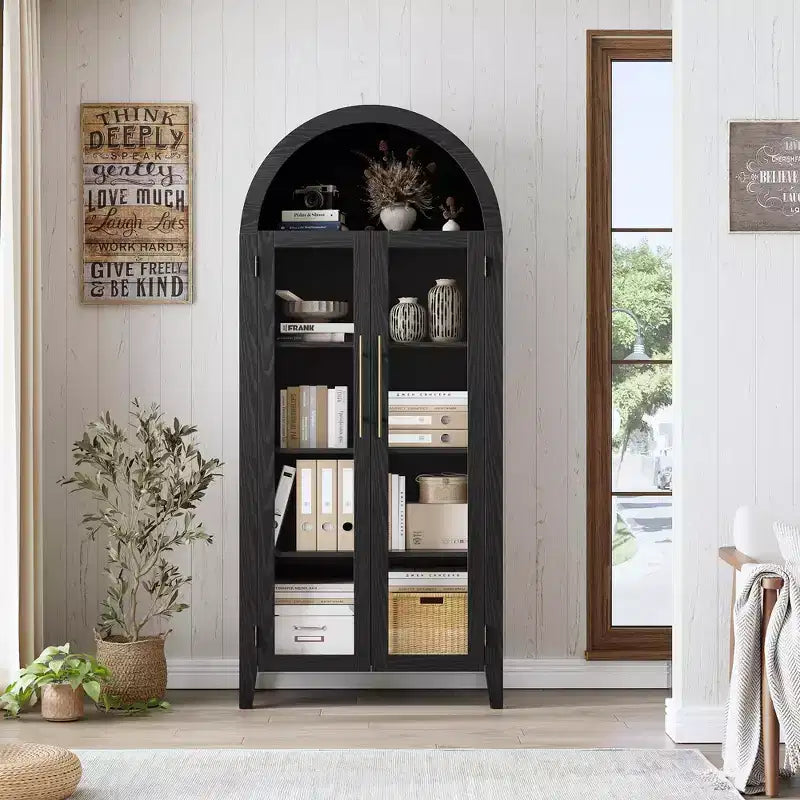 63.2 Arched Kitchen Pantry Cabinet, 5 Tier Display Shelf with Adjustable Shelf and 2 Large Glass Doors, for Kitchen, Dining Room, Living Room