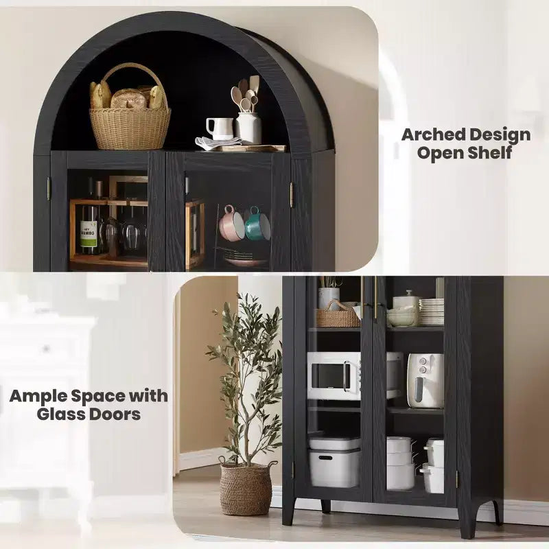 63.2 Arched Kitchen Pantry Cabinet, 5 Tier Display Shelf with Adjustable Shelf and 2 Large Glass Doors, for Kitchen, Dining Room, Living Room