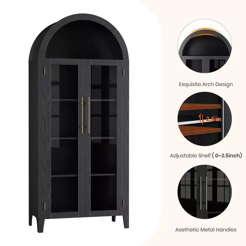 63.2 Arched Kitchen Pantry Cabinet, 5 Tier Display Shelf with Adjustable Shelf and 2 Large Glass Doors, for Kitchen, Dining Room, Living Room