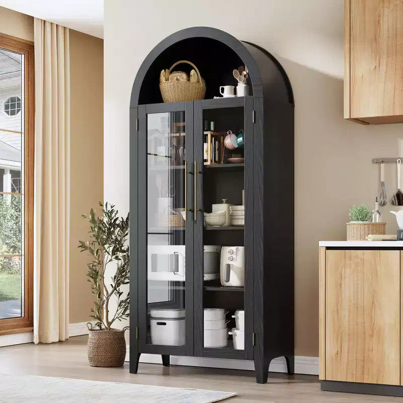 63.2 Arched Kitchen Pantry Cabinet, 5 Tier Display Shelf with Adjustable Shelf and 2 Large Glass Doors, for Kitchen, Dining Room, Living Room