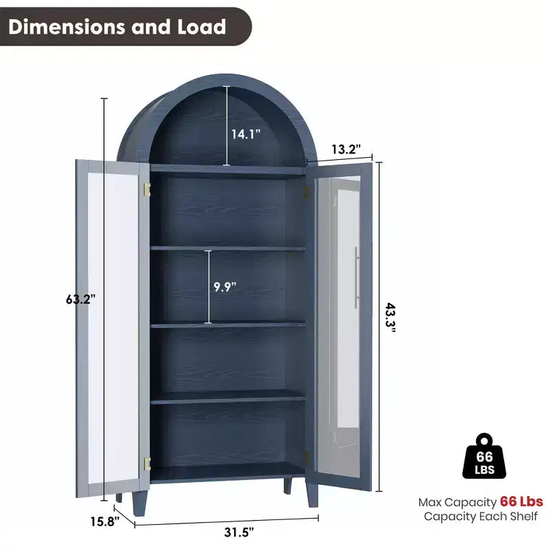 63.2 Arched Kitchen Pantry Cabinet, 5 Tier Display Shelf with Adjustable Shelf and 2 Large Glass Doors, for Kitchen, Dining Room, Living Room