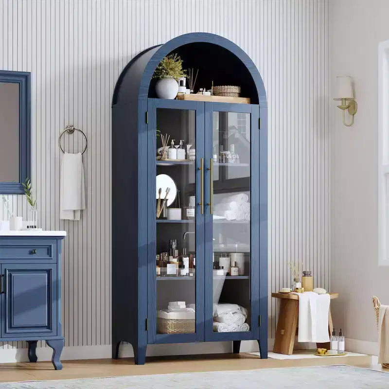 63.2 Zoll gewölbter Küchenschrank, 5-stufiges Regal mit verstellbarem Einlegeboden und 2 großen Glastüren, für Küche, Esszimmer, Wohnzimmer