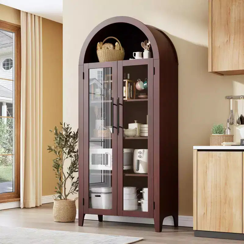 63.2 Zoll gewölbter Küchenschrank, 5-stufiges Regal mit verstellbarem Einlegeboden und 2 großen Glastüren, für Küche, Esszimmer, Wohnzimmer